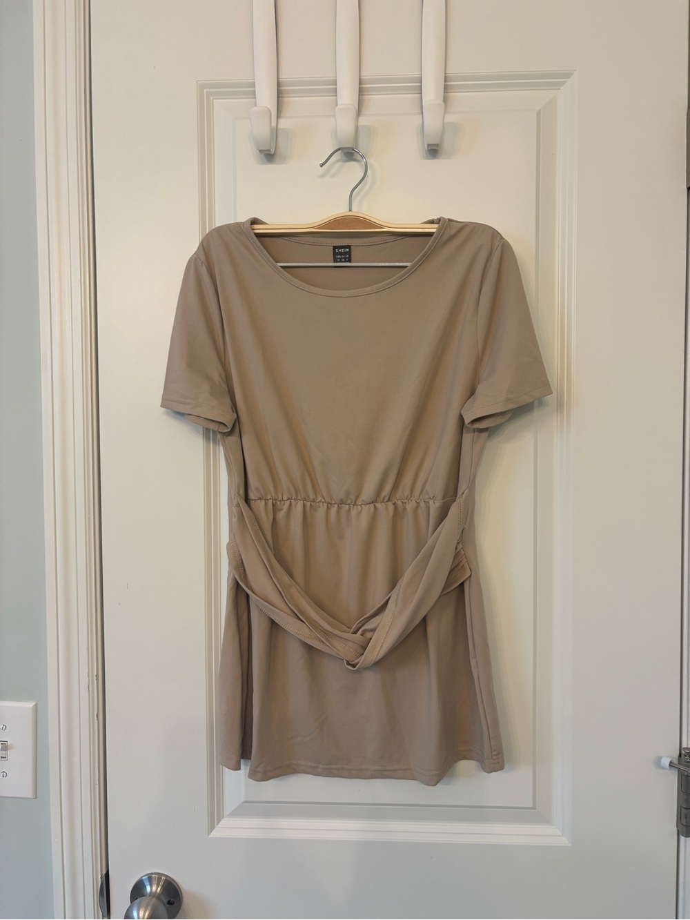 Women's Short Sleeve Tie-Front Maternity Top in Taupe